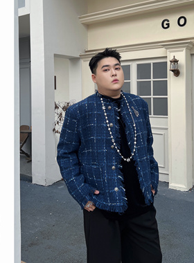 阿胖胖 大码格子流苏小香风外套男2025秋冬宽松蓝色夹克外套