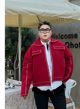 阿胖胖 加厚高级感红色新年翻领毛衣外套男款宽松休闲上衣短款