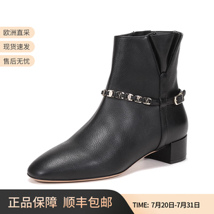 饰牛皮靴子粗跟短靴 菲拉格慕女士TINO系列铆钉装 0733614