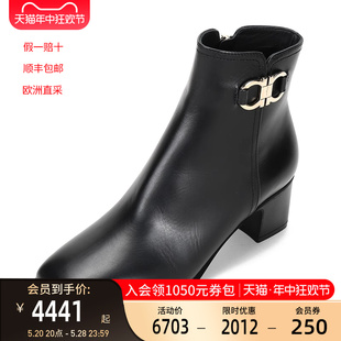 菲拉格慕女士CASSARO牛皮GANCINI靴子粗跟短靴0732958 FERRAGAMO