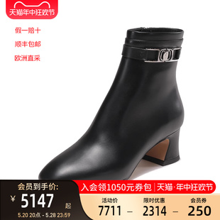 菲拉格慕Ferragamo秋冬女士VARA链饰高跟粗跟靴子短靴踝靴0753957