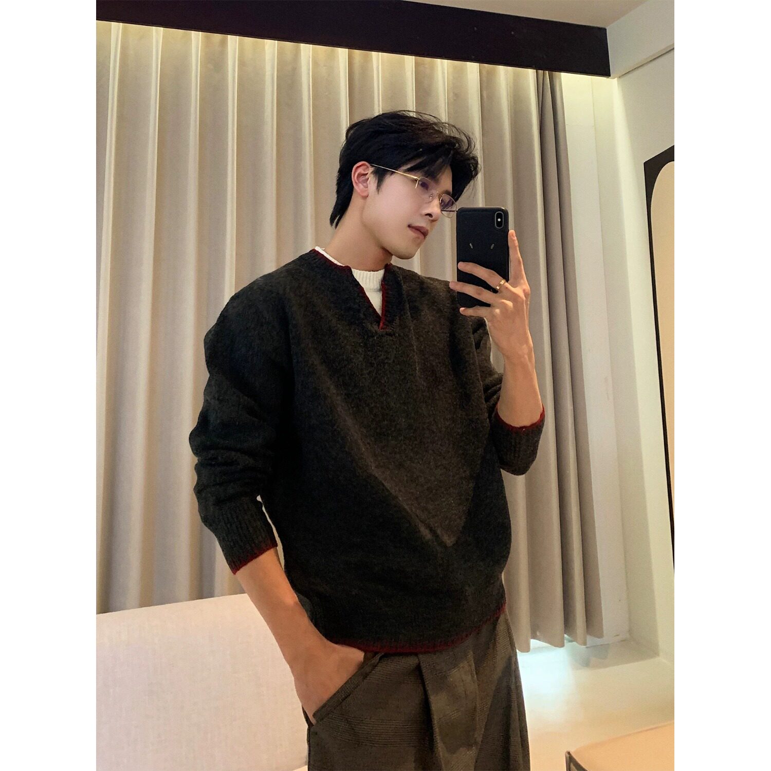 老钱风假两件V领男毛衣秋冬保暖