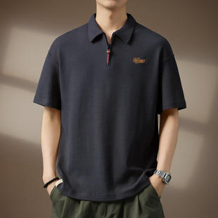 美式简约高级感华夫格针织Polo衫男胖子大码舒适夏季拉链短袖衬衫