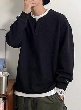 美式复古假两件V领重磅加肥卫衣