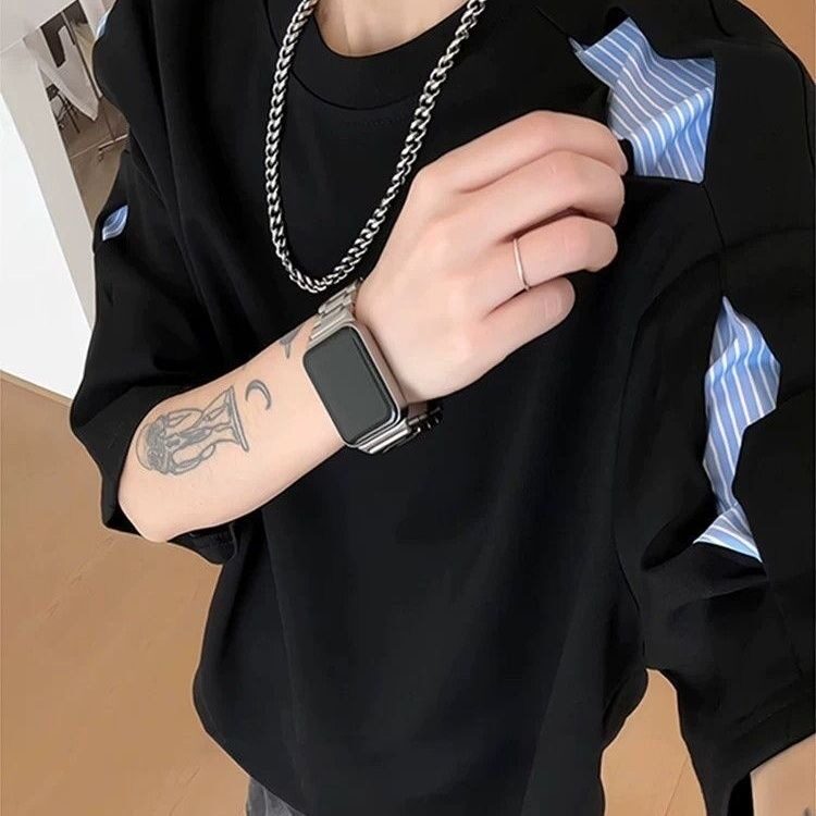 美式解构条纹拼接割破感正肩短袖T恤男特大码300斤宽松痞帅五分袖