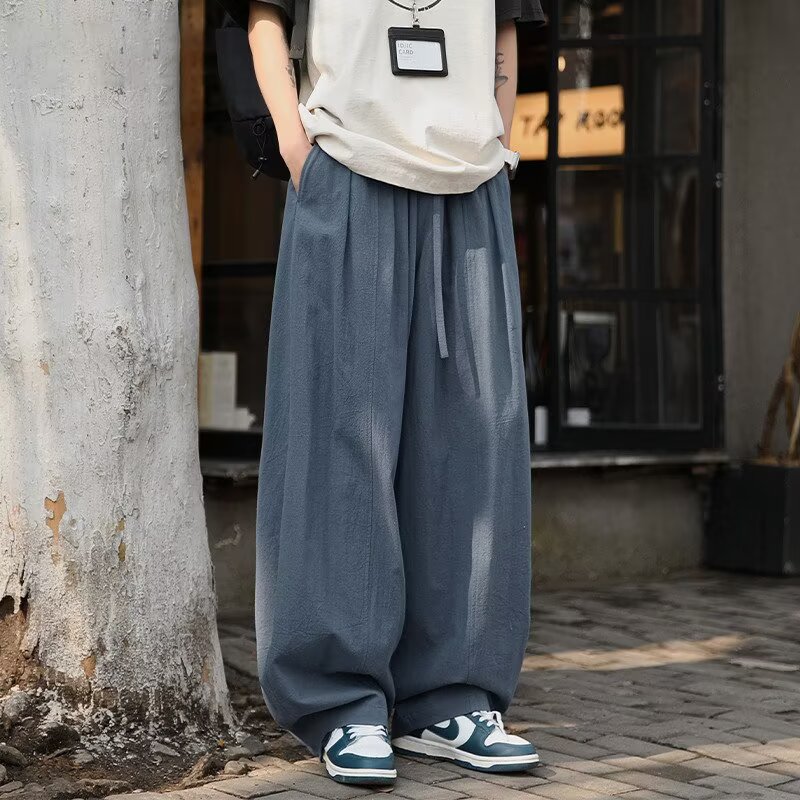 日系棉麻阔腿裤男春秋纯棉宽松垂感直筒休闲长裤加肥加大码灯笼裤