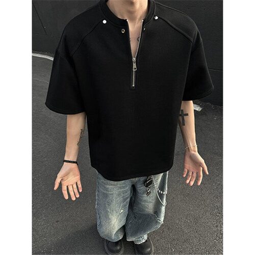 半拉链垫肩铆钉加大码短袖T恤男