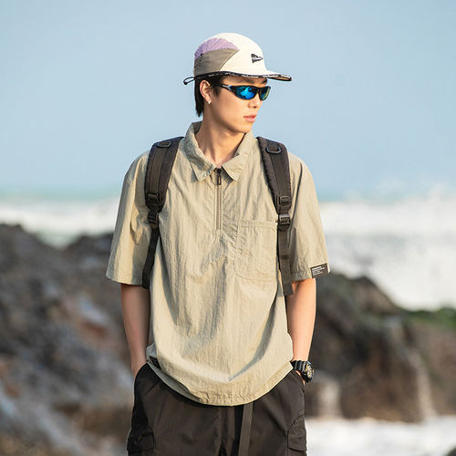 山系复古户外散热冰丝短袖Polo衫男夏季凉感宽松加大码半拉链衬衫
