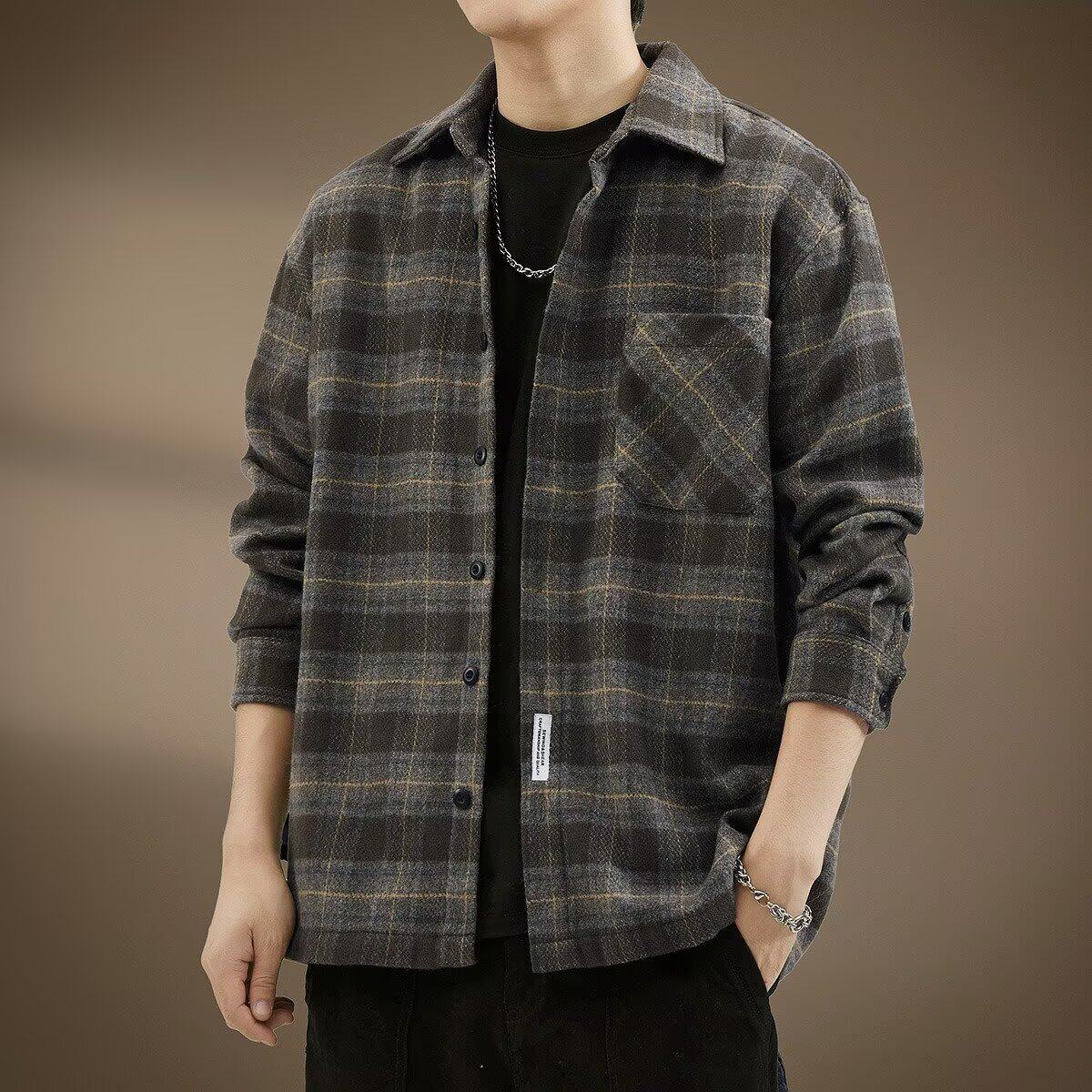 复古废土风毛呢格纹长袖衬衫男口袋翻领衬衣加肥加大码春秋季外套