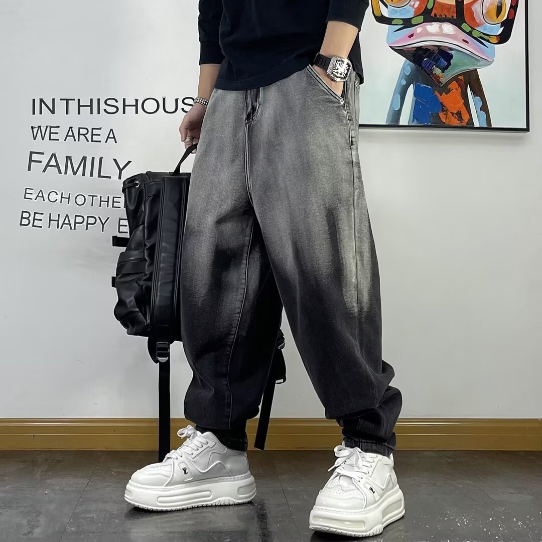 美式高街复古渐变色牛仔裤男加大码加肥300斤宽松痞帅小脚哈伦裤