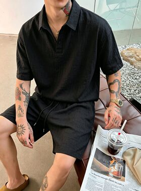 天丝亚麻Polo大码复古痞帅套装
