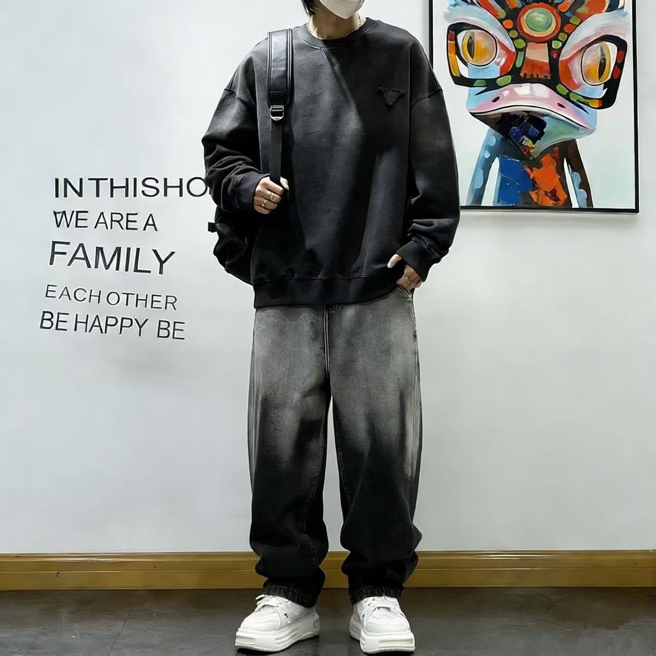 高街复古特大码男卫衣牛仔裤套装