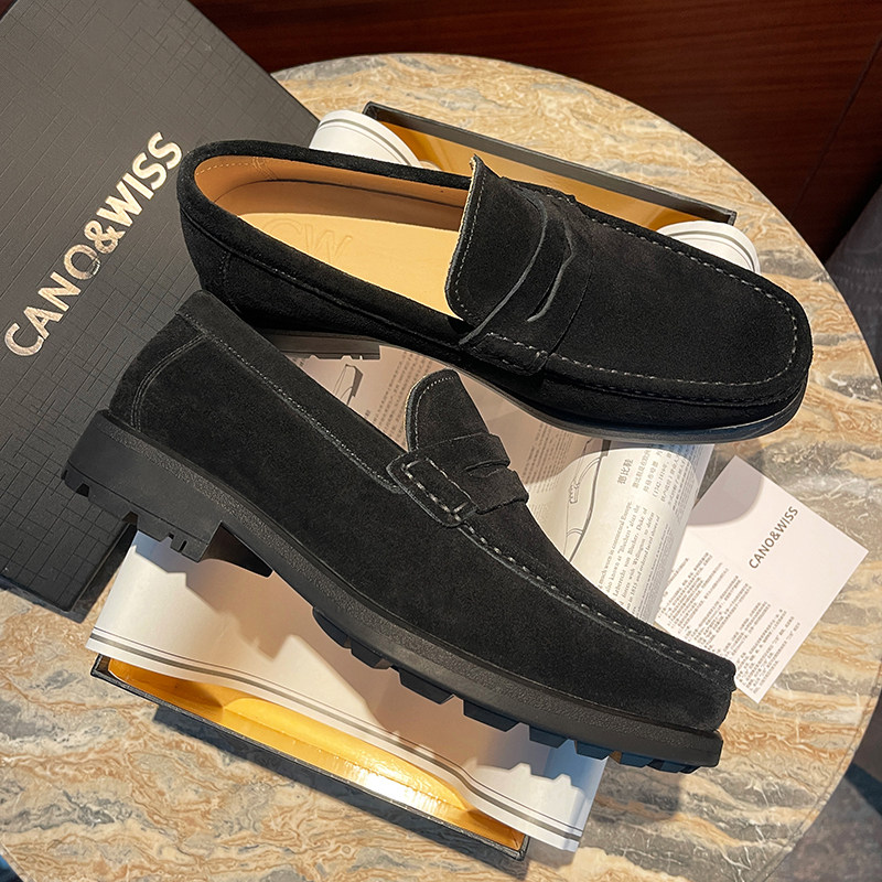 高端便士乐福鞋男鞋真皮英伦翻毛结婚新郎商务厚底休闲一脚蹬反毛