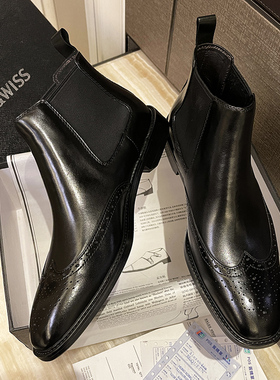 CW2026新款冬季切尔西靴男真皮短靴英伦风马丁靴布洛克雕花厚底黑