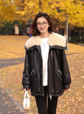 90白鸭绒韩版羊羔绒翻领皮羽绒服女士冬季保暖宽松派克服外套1121