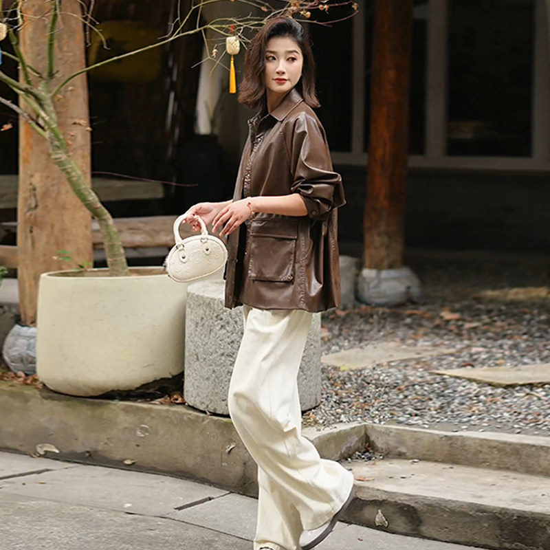 2025春百搭显瘦宽松韩版时尚中长款黑色皮衣休闲外套女218