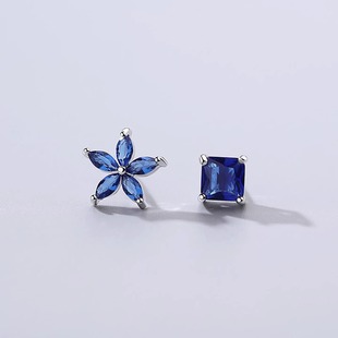 S925純銀藍(lán)色水鉆花朵耳釘簡(jiǎn)約氣質(zhì)不對(duì)稱(chēng)方塊耳環(huán)個(gè)性 復(fù)古中國(guó)風(fēng)