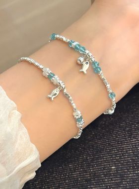 蓝色水晶小鱼手链女小众高级感森系串珠手环精致百搭闺蜜礼物