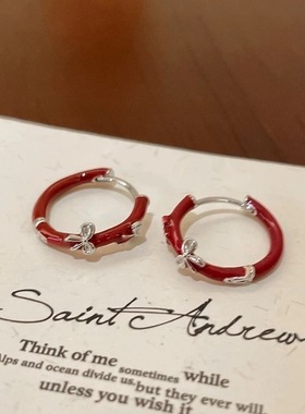 红色复古滴釉蝴蝶结耳环女新款小众高级感圈圈耳扣秋冬甜美耳饰