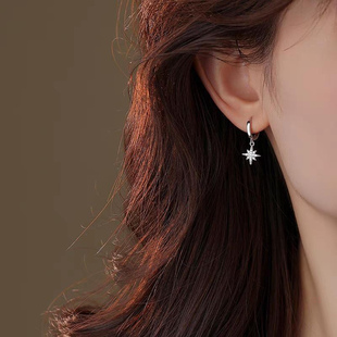 925银针八芒星耳环闪钻锆石星星耳钉轻奢超仙气质圆圈耳扣ins耳坠