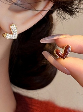 安可拉红色爱心耳扣女2026轻奢高级感双面心形耳环小众独特耳饰