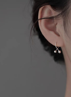 925银针圆珠交叉螺丝拧扣耳钉女小众设计耳环气质简约养耳洞耳饰