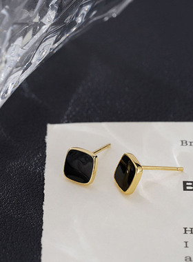 925银针黑色方形耳钉女小众设计感高级轻奢气质百搭方块耳环耳饰