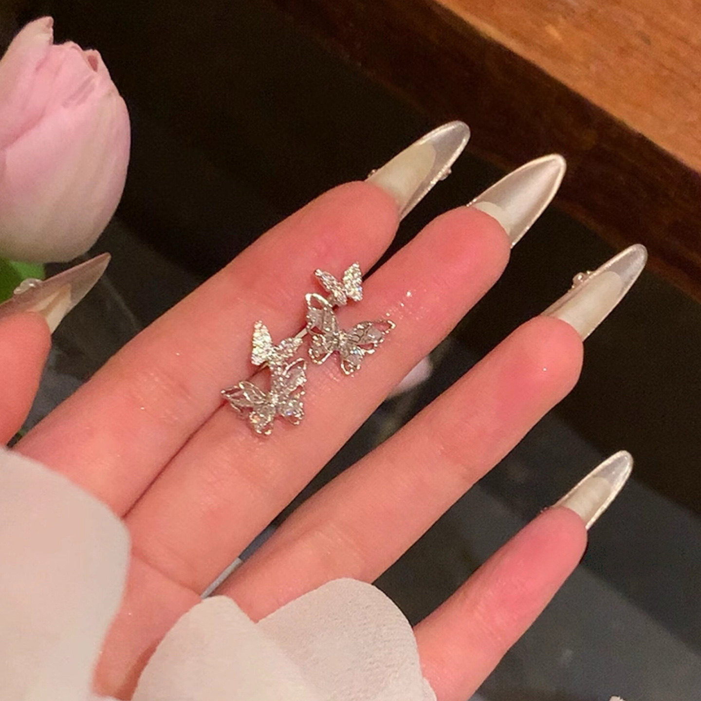 925银针闪锆蝴蝶耳环女