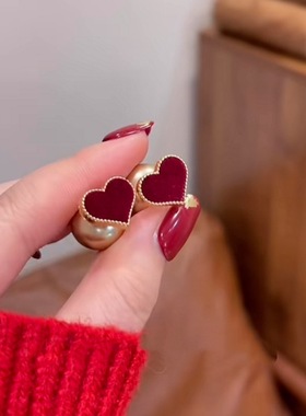 新年红色爱心耳钉女轻奢气质高级感香槟色珍珠耳环两戴独特耳饰