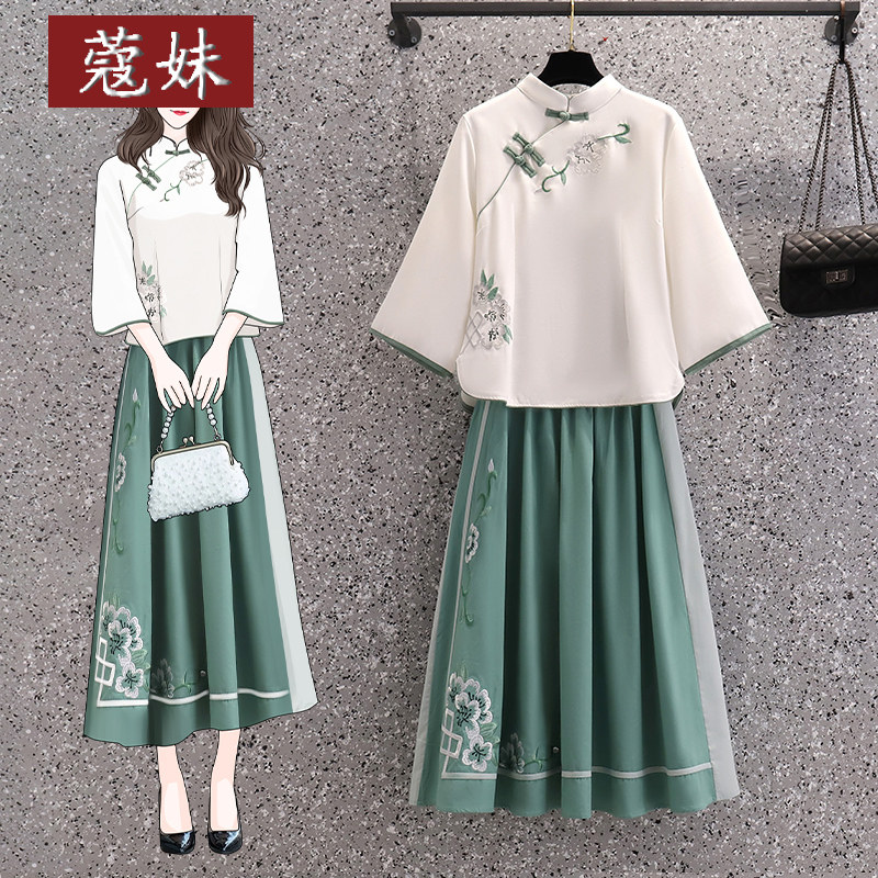 中国风复古唐装盘扣茶服棉麻绣花旗袍上衣民国风改良汉服两件套夏