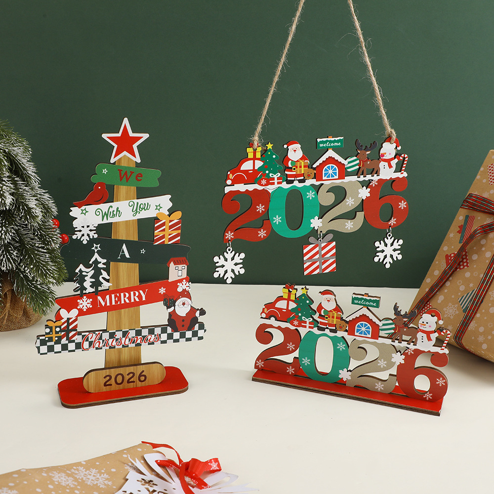 圣诞节桌面装饰品迷你小摆件2026吊牌圣诞树木质挂件吧台悬挂道具