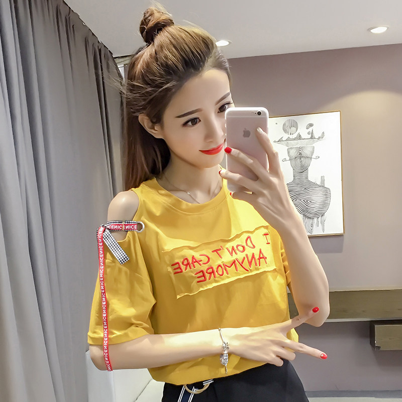 夏季新款露肩绑带贴布短袖t恤女上衣服时尚洋气百搭韩版潮ins半袖