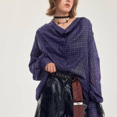 法式气质上衣2026春季时尚排扣设计宽松深蓝色休闲格子衬衫女印花