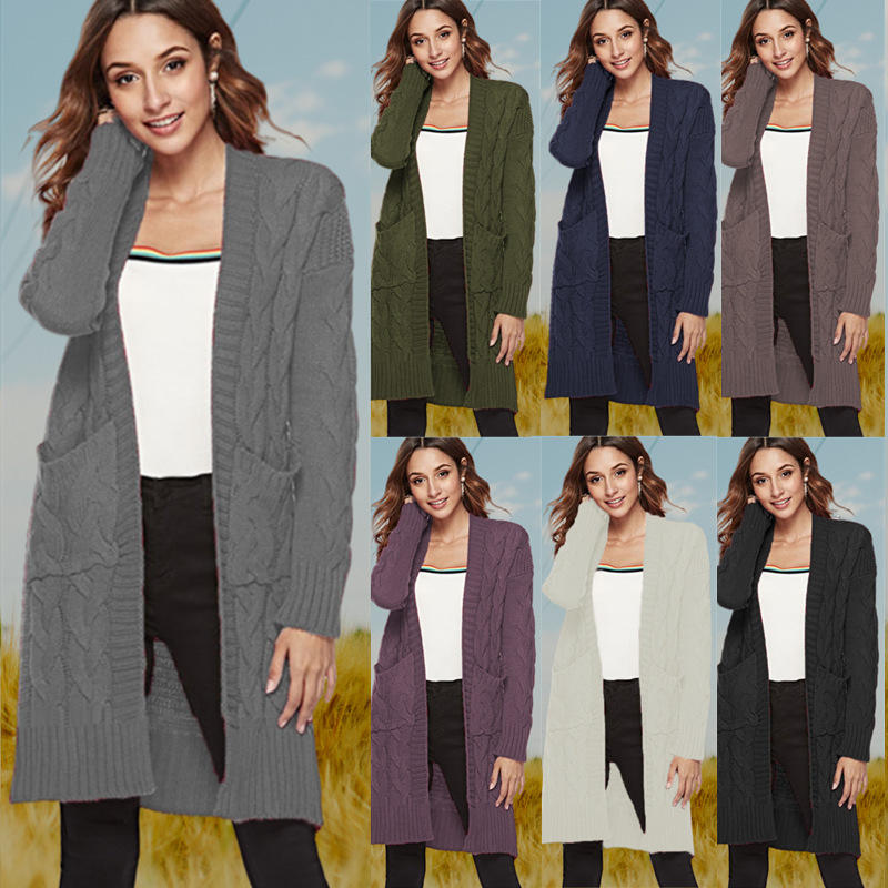 外贸2025wish欧美秋冬口袋中长款开衫毛衣麻花针织衫女毛针织衫