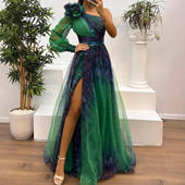 斜肩网纱 2025欧美 亚马逊晚礼服 INS休闲宽松聚会印花连衣裙