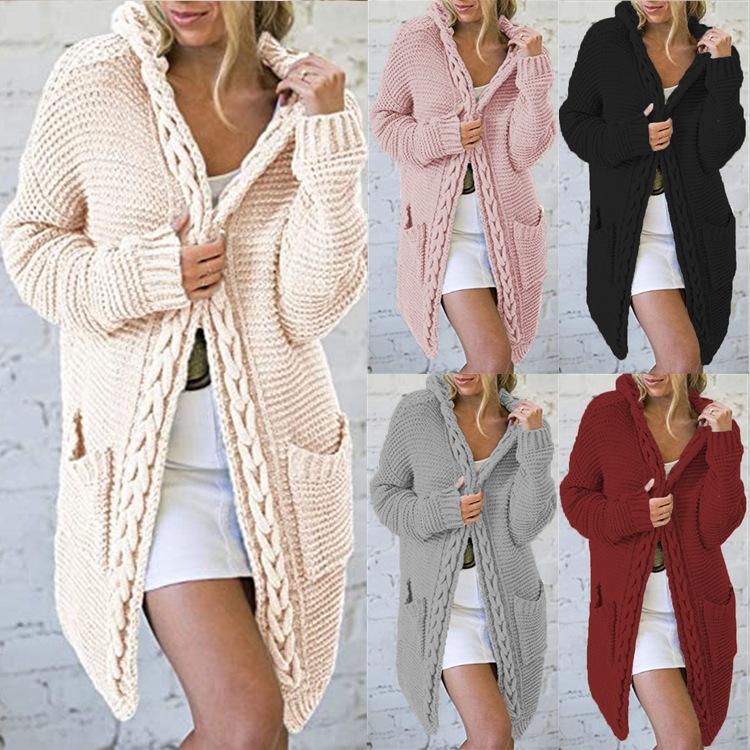 欧美毛衣秋冬长袖连帽中长款麻花口袋针织开衫女外套毛针织衫