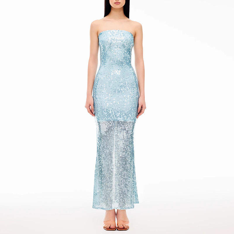 新款跨境欧美风连衣裙女2025秋季时尚抹胸亮片拼接设计感包臀长裙