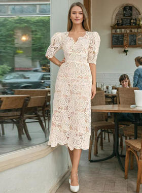 法式蕾丝长裙2026年春季风裙子刺绣修身显瘦连衣裙女VDR789878o