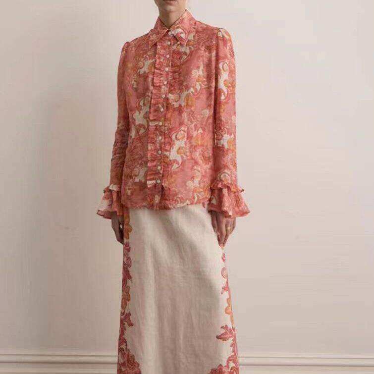 新款2023秋季法式印花翻领喇叭袖荷叶边拼接腰带收腰上衣半裙套装