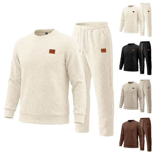 跨境美式重磅春秋男士休闲肌理纹字母贴标宽松高街卫衣长裤套装男