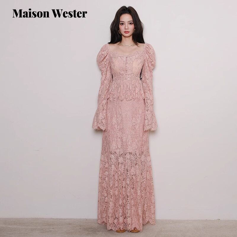 Maison Wester2025秋季新品粉色流行女士蕾丝绮梦泡袖宫廷风套装
