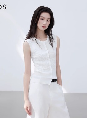 LJOS2025春夏新款暮雪白色蕾丝针织无袖背心百搭刺绣显瘦内搭上衣