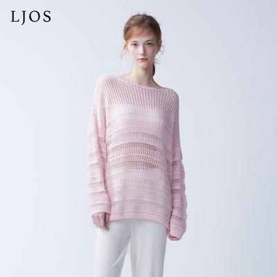 LJOS｜甜桃粉斜肩镂空钩织亮片羊绒毛衣2025早秋粉色长袖针织上衣
