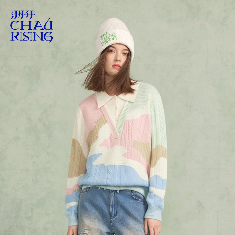 洲升/CHAU.RISING2025秋冬新款拼色假两件Polo羊绒衫彩色套头毛衣