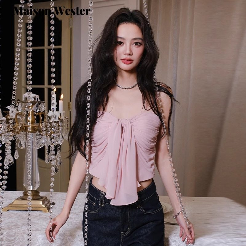 Maison Wester2025秋季新品女士粉色时尚浪漫褶皱系带抹胸短吊带,女装/女士精品,背心吊带,淘宝优惠券,粉丝福利购,淘宝优惠卷