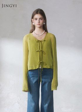 GUO JINGYI2026春夏新品优雅高级黄绿色针织系带肌理开衫女士百搭