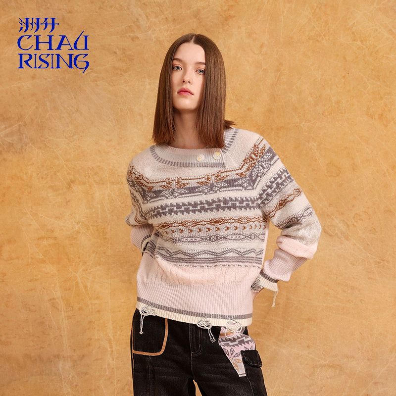 洲升/CHAU.RISING2025秋冬新款费尔岛圈圈羊绒衫复古显瘦套头毛衣