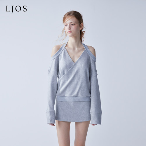 LJOS｜薄雾灰挂脖休闲卫衣上衣休闲短裙裤2025早秋两件套露肩套装