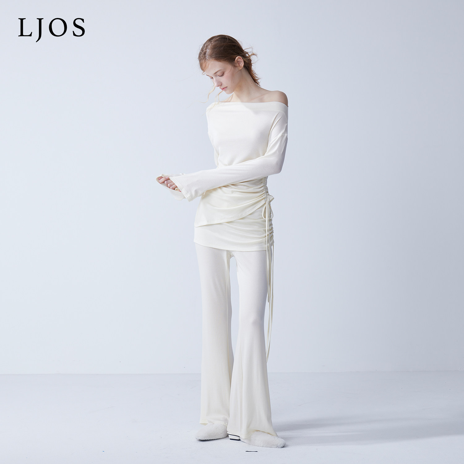 LJOS｜乳白色兰精天丝羊毛抽绳上衣抽绳裙裤套装2025早秋两件套图片