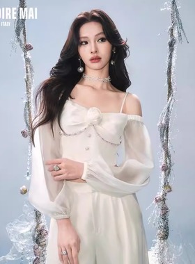 MAI DIRE MAI2025春夏新款法式泡泡袖立体花钻链上衣高腰直筒长裤